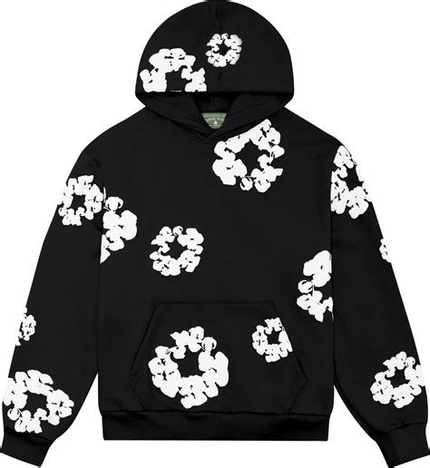 black hoodie with white flowers.